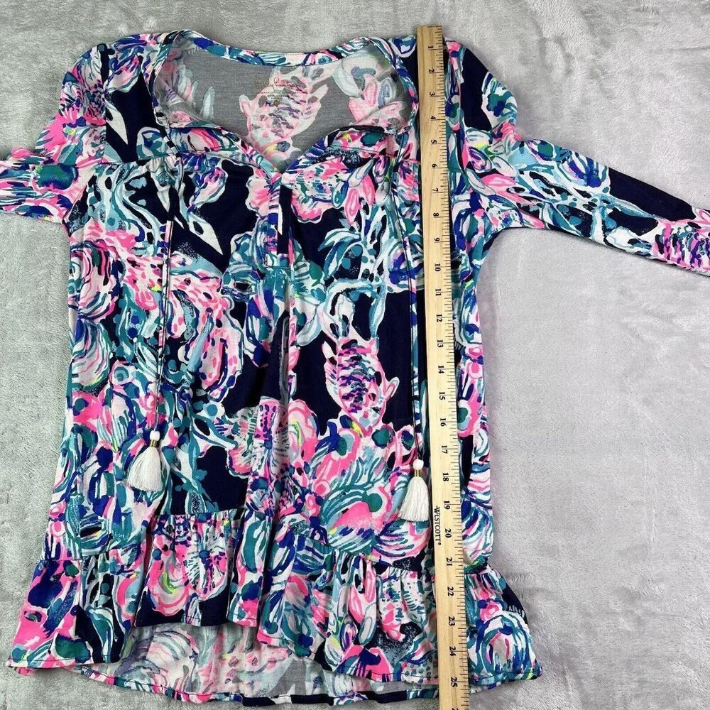 Lilly Pulitzer Top Blouse Size XS Blue Pink Long Sleeve Beach Tropical Fish - Picture 7 of 14